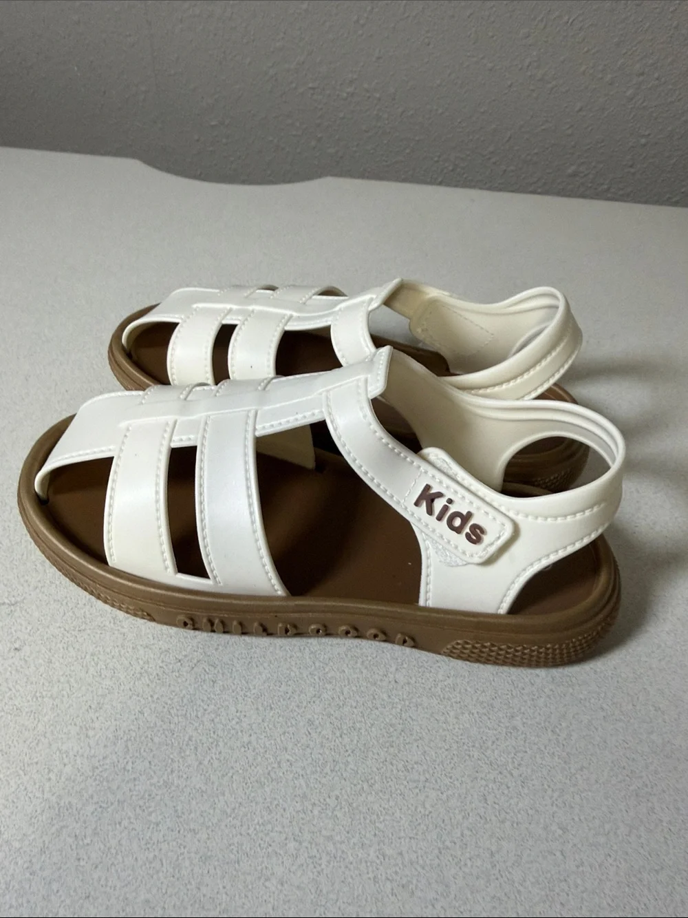 Kids Cream Closed-Toe Sandals with Brown Sole - Secure Hook & Loop